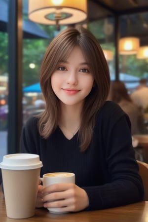 1girl, detailed eyes, masterpiece, high_resolution, best quality, short brown hair, brim light, fine skin, cinematic lighting, (coffee shop, a cup of coffee on the table, lamps, windows, drapes, bokeh), stunningly beautiful face,xxmix_girl