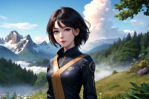 masterpiece, best quality, 1girl with black hairs, colorful, finely detailed beautiful eyes and detailed face, half body
extremely detailed CG unity 8k wallpaper, (misty woods, bushes, wild folowers, mountain tops, clouds)