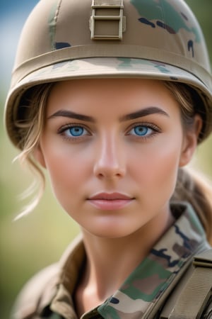 (photorealistic), best quality, realistic, half body portrait, frontal view, intricate details, depth of field, female solider,(magazin pouches), highly-detailed, perfect face, blue eyes, Fujifilm XT3, outdoors, bright day, Beautiful lighting, RAW photo, 8k uhd, film grain, ((bokeh))