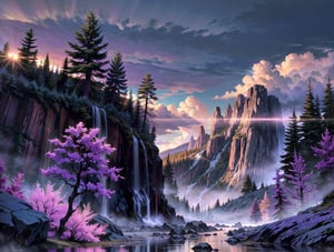 mountain scene, wide angle, cloudy with dark and gray clouds, (a few dark purple sun beams),  tall conifirs and low shrubs, dyndall effect, ( rocks, clear water stream in front), (small waterfalls, mists,  background), overall misty tone