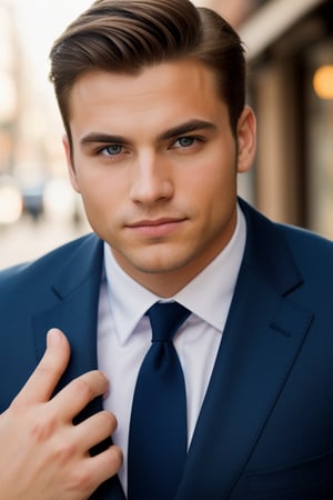 Portrait photo of muscular young guy in a formal business suit, well groomed, ((light bokeh)), intricate, elegant, sharp focus, soft lighting, vibrant colors, (masterpiece), ((streets)), (detailed face)+, eye iris