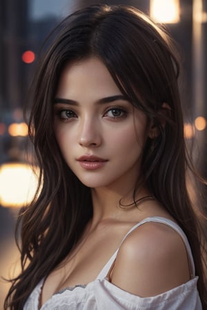 1girl, portrait, photorealistic, 8k, cinematic lighting, trending hair, (masterpiece), fair and fine skin, (streets, lamps, blurred background), sexy clothing, stunning beautiful