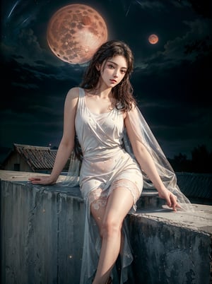 (best quality), (masterpiece), ((realistic), (detailed), beautiful woman sitting on the edge of a building, wearing a white dress, facing the viewer, red moon in the background, stars in the night sky, night time (masterpiece). absurdres, HDR, dark studio,perfecteyes