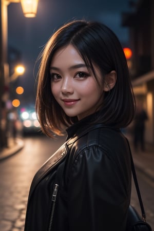 (Masterpiece, best quality, RAW photo, detail skin, 8k),1girl, bust shot, looking at viewer, smile, trendy hair,  (blurry background, street lights, bokeh, night street view), smooth overall tone
