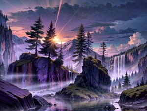 mountain scene, wide angle, cloudy with dark and gray clouds, (a few dark purple sun beams),  tall conifirs and low shrubs, dyndall effect, ( rocks, clear water stream in front), (small waterfalls, mists,  background), overall misty tone