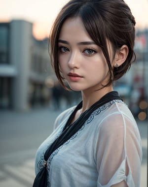 1girl, ultrarealistic, masterpiece, photo realistic, cinamatic lighting, short trendy hair, very detailed face, traditional ethnic clothing, (bokeh, city, night, blurred background), 8k, deep shadow, low key, 