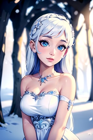 masterpiece,1 girl, (colorful),in intricate white dress , (finely detailed beautiful eyes and detailed face) ,cinematic lighting, (smooth, radiant, fair skin tone), ( snowy woods in background, blurred)
