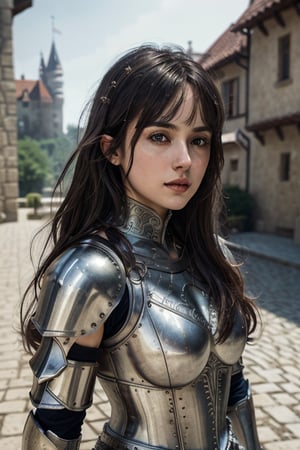 (masterpiece), (extremely intricate:1.3), (realistic), portrait of a girl, look at the camera, the most beautiful in the world, (medieval armor), metal reflections, upper body, outdoors, intense sunlight, (far away castle, blurred background) , cinematic lighting, professional photograph of a stunning woman detailed, sharp focus, dramatic, award winning, cinematic lighting, octane render, unreal engine, volumetrics dtx, (film grain), finest skin