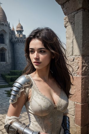 (masterpiece), (extremely intricate:1.3), (realistic), portrait of a girl, look at the camera, the most beautiful in the world, (medieval armor), metal reflections, upper body, outdoors, intense sunlight, far away castle, professional photograph of a stunning woman detailed, sharp focus, dramatic, award winning, cinematic lighting, octane render, unreal engine, volumetrics dtx, (film grain),Indian