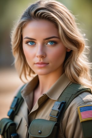 (photorealistic), best quality, realistic, half body portrait, frontal view, intricate details, depth of field, female solider,(magazin pouches), highly-detailed, perfect face, blue eyes, Fujifilm XT3, outdoors, bright day, Beautiful lighting, RAW photo, 8k uhd, film grain, ((bokeh)),neon photography style