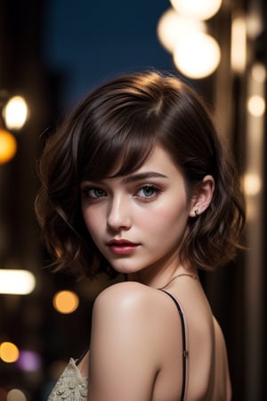 (masterpiece), 1 girl, realistic, half body portrait of most beautiful woman, fashion photography pose, frontal view, facing the camera, small-breasted, ((from botton, bottom view)), ((short hair, wavy hair)), (blurred background, night scene, busy streets, lamps, Bokeh), depth of field, skin texture, happy, perfect face, perfect eyes, beautiful face, 18 years old, teenage, perfect hands,  cinematic lighting, 