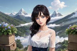 masterpiece, best quality, 1girl with black hairs, trendy hairstyle, blue eyes, colorful, finely detailed beautiful eyes and detailed face, half body, modern clothing, (misty woods, bushes, wild folowers, mountain tops, clouds) 