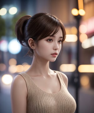 photorealistic, raw photo, best quality, ultra detailed, masterpiece, bust shot, nude virgin killer sweater, 1girl, solo, (short trending hair, brim light), medium breasts, walking, outdoor, （background：street, blurred, dark night, bokeh ), sleeveless,  side_boobs, brown hair, ponytail, adorable young girl, alluring face, detailed skin, pore,  intricate detailed, depth of field, low key, perfect female body