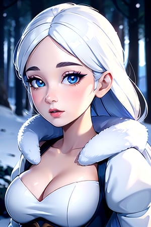 masterpiece,1 girl, (colorful), Snow White, (finely detailed beautiful eyes and detailed face) ,cinematic lighting, bust shot, extremely detailed CG unity 8k wallpaper, (smooth, radiant, fair skin tone), ( snowy woods in background, blurred)
