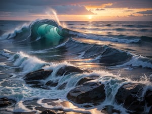 sunset,dark clouds with brim light,ocean, beach, waves with white foam and frothy splashes, rocks,  wide angle,