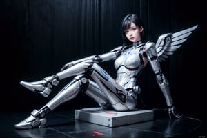 1girl, beautiful face, pale skin, black_hair, medium hair, robotic body, (extra lagge metal cyborg hawk wings), realistic detailed wing on upper back, wings flapping wide, robotic legs, robotics arms, robotic hands, futiristic, robotic, mechanical detailed, armored, expressionless face, black_gold_metal_robotic_body, alone, straight leg, sitting down, seen from front, cum in breast,Milk breast,mecha,