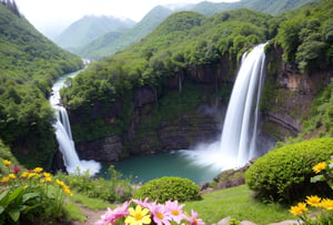 mountain valley, dark cloudy sky with a few sum beams, dyndall effect, clear water stream in front, small waterfalls, misty atmosphere,  tropical rain forest, low bushes, colorful wild flowers