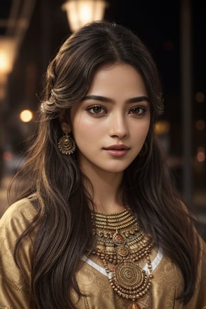 1girl, portrait, photorealistic, 8k, cinematic lighting, trending hair, (masterpiece), fair and fine skin, (streets, lamps, blurred background), intricate ethnic clothing, stunning beautiful