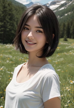 1girl, fair complextion, delicate facial features, look at camera, smile,  half body,  Medium-black Length hair, open hair,  white t-shirt, daisy, HDR, 8k, photorealistic,  dukes, (mountains, trees, wild flowers, blurred the background ), (masterpiece), bokeh effect, cinematic lighting,   bokeh effect,