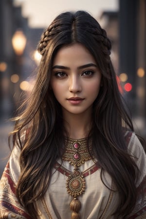 1girl, portrait, photorealistic, 8k, cinematic lighting, trending hair, (masterpiece), fair and fine skin, (streets, lamps, blurred background), intricate ethnic clothing, stunning beautiful