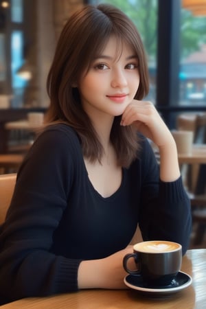 1girl, detailed eyes, masterpiece, high_resolution, best quality, short brown hair, brim light, fine skin, cinematic lighting, (coffee shop, a cup of coffee on the table, lamps, windows, drapes, bokeh), stunningly beautiful face,xxmix_girl