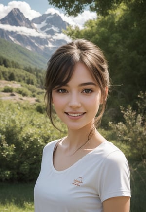 1girl, fair complextion, delicate facial features, look at camera, smile,  half body,  trending hairstyle,  white t-shirt, daisy, HDR, 8k, photorealistic,  dukes, (mountains, trees, shrubs, clouds in the background ), (masterpiece), bokeh effect, cinematic lighting, bokeh effect,