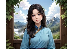 masterpiece, best quality, 1girl with black hairs, blue eyes, colorful, finely detailed beautiful eyes and detailed face, half body, ethnic dress, (misty woods, bushes, wild folowers, mountain tops, clouds) 