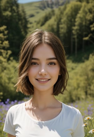 1girl, fair complextion, delicate facial features, look at camera, smile,  half body,  trending hairstyle,  white t-shirt, daisy, HDR, 8k, photorealistic,  dukes, (mountains, trees, wild flowers, blurred the background ), (masterpiece), bokeh effect, cinematic lighting,   bokeh effect,