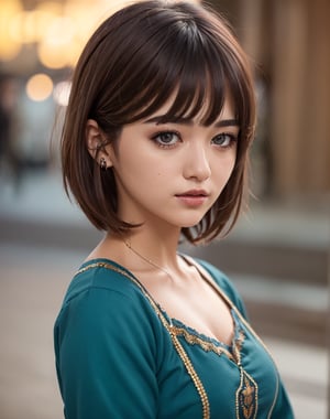 1girl, ultrarealistic, masterpiece, photorealistic, cinamatic lighting, bust shot, short trendy hair, very detailed face, traditional ethnic clothing, (bokeh, city, night, blurred background), 8k, deep shadow, low key, 