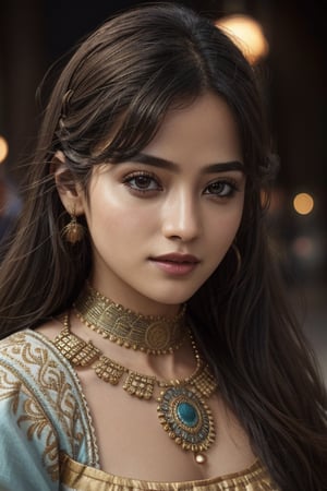 1girl, portrait, photorealistic, 8k, cinematic lighting, trending hair, (masterpiece), fair and fine skin, (streets, lamps, blurred background), intricate ethnic clothing, stunning beautiful