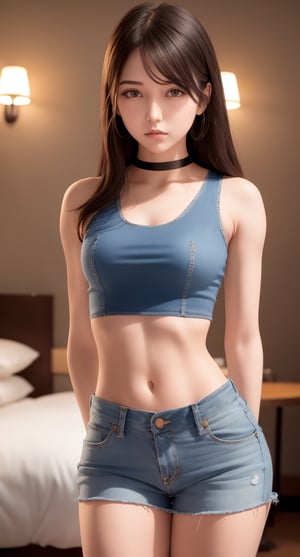 centered, 22 years old woman, pure face, beautiful face, long messy hair, hands behind back, crop top, navel, midriff, open denim shorts, hotel room, bokeh, depth of field, | hyperelism shadows, 
,Indian,LuxuriousWheelsCostume, sexy,