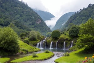 mountain valley, dark cloudy sky with a few sum beams, dyndall effect, clear water stream in front, small waterfalls, misty atmosphere,  tropical rain forest, low bushes, colorful wild flowers