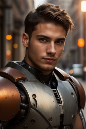 Portrait photo of muscular young guy in a worn mech suit, well groomed, ((light bokeh)), intricate, (steel metal [rust]), elegant, sharp focus, soft lighting, vibrant colors, (masterpiece), ((streets)), (detailed face)+, eye iris