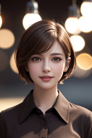 photorealistic, masterpiece, best quality, raw photo, 1girl, solo, trendy short brown hair, detailed face,  smile, alluring face, collared shirt, medium breasts, frontal view, looking at viewer, from below, ( background: lights, bokeh,dark), fine detailed, intricate detail,  ray tracing, depth of field, hdr