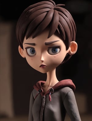 Clay, Clay animation, 1girl, short hair, thin body, torn clothes, (eyes of fear), dark environment.