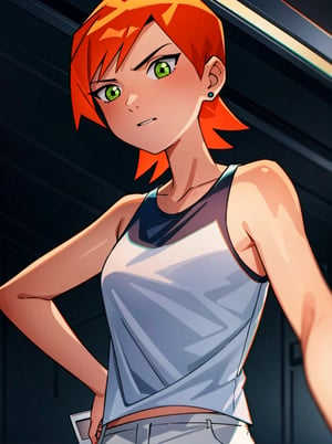 ((masterpiece)), ((More_Detail)), 1girl, solo, short hair, orange hair, green eyes, white tank top, wide pants. 