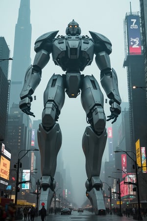 A massive robot with a brutalist humanoid design, towering over a futuristic dystopian city. The robot lands with a dramatic impact, its metallic limbs and angular features casting harsh shadows. The cityscape is a blend of towering skyscrapers and decaying infrastructure, illuminated by neon lights and flickering billboards. The scene is framed with a wide-angle shot, capturing the imposing presence of the robot and the chaotic urban environment.