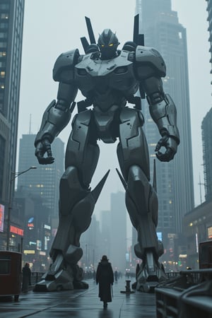 A massive, brutalist humanoid robot lands in a dystopian futuristic city. The robot's design is imposing, with sharp angles and heavy metal features. The cityscape is bleak, with towering skyscrapers and neon lights. The scene is framed with the robot's feet firmly planted on the ground, casting a long shadow over the urban landscape. The lighting is stark, highlighting the contrast between the robot's metallic surface and the city's cold, futuristic architecture.