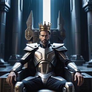 A cellphone selfie of a cybernetic king, seated on a throne, with a sad, realistic face looking directly at the camera. His robotic crown is intricate. The background is a cyber necropolis, blending brutalist architecture in metal, with towering structures and a somber, metallic atmosphere. The lighting is stark, highlighting the king's expression and the cold, industrial surroundings.