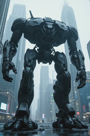 A massive, brutalist humanoid robot lands in a dystopian futuristic city. The robot's design is imposing, with sharp angles and heavy metal features. The cityscape is bleak, with towering skyscrapers and neon lights. The scene is framed with the robot's feet firmly planted on the ground, casting a long shadow over the urban landscape. The lighting is stark, highlighting the contrast between the robot's metallic surface and the city's cold, futuristic architecture.