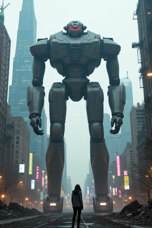 A massive robot with a brutalist humanoid design, towering over a futuristic dystopian city. The robot lands with a dramatic impact, its metallic limbs and angular features casting harsh shadows. The cityscape is a blend of towering skyscrapers and decaying infrastructure, illuminated by neon lights and flickering billboards. The scene is framed with a wide-angle shot, capturing the imposing presence of the robot and the chaotic urban environment.