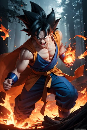 goku from dragon ball kai (masterpiece, best quality, official art, beautiful and aesthetic), malicious fire elemental, embodiment evil form, (burning forest), evil eyes, evil smile, glowing eyes and mouth, trees on fire and rising smoke background, faint blue hue, swirling fire, mythical, mystical