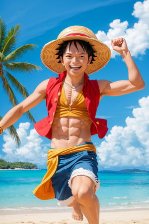 (masterpiece, 8K, UHD, photo-realistic:1.3), iconic character, Luffy from One Piece, (straw hat:1.4), (red vest:1.2), (blue shorts:1.1), (scar under left eye:1.2), dynamic pose, mid-jump, cheerful grin, fist forward, (Gomu Gomu no Mi powers:1.3), tropical island background, palm trees, sandy beach, blue sky, fluffy clouds, vibrant colors, energetic atmosphere, diagonal shot, looking at viewer, action-filled