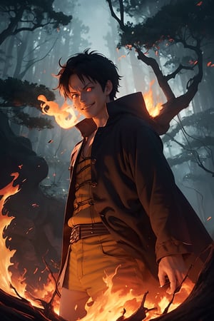 luffy from one piece anime (masterpiece, best quality, official art, beautiful and aesthetic), malicious fire elemental, embodiment evil form, (burning forest), evil eyes, evil smile, glowing eyes and mouth, trees on fire and rising smoke background, faint blue hue, swirling fire, mythical, mystical