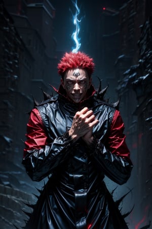 (masterpiece, best quality, official art:1.2), legendary curse, (Ryomen Sukuna:1.3), malevolent aura, sinister grin, (multi-eyed visage:1.1), intricate tattoos, long spiky fingers, black and red attire, domain expansion, fearsome presence, detailed background, cursed energy, powerful sorcerer, intense conflict, dark and mystical ambiance, captivating character design, iconic villain from Jujutsu Kaisen,SUKUNA