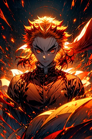 sharp focus, dynamic, (natural skin texture, hyperrealism:1.25), (skinny:1.25),portrait of Kyojuro , 1boy , glowing eyes, looking at viewer, serius face, empty look, dinamic pose, dinamic hair, strong wind, orange hair-streaks, very low angle, looking at camera, pale skin, staring, constricted pupils, fire background, fire-storm,rengoku kyoujurou, 
white cape, fire streaks,r1ge, upper body