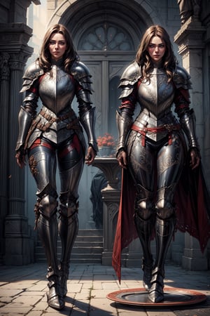 (Masterpiece, Best quality, high resolution, ultra-detailed), ((full body)), 1 girl, young, ((beautiful)), ((brunette)) long hair, (sun tanned skin), lean, slim, (leather pants and boots), (intricate elaborate) (((full plate armor))) ((plate thigh guard)) ((head-to-toe)), metal reflections, parted lips, blue eyes, eye_half_opened, trending on artstation, art by Greg Rutkowski, medieval city background, season autumn, month October, Masterpiece