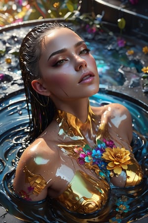 Aerial view, Wide-angle viewed from above, create a artistic portrait of a beautiful woman with wet hair , bathing in a pool of coloful with glowing fractal elements, wearing a light flowy silk top, ultradetailed ultrarealistic face, alberto seveso and Harrison fisher style,  work of beauty and inspiration,  8kUHD,  wind,  mountain views,  close-up ,monster,Extremely Realistic, wet see-through top, flowers, golden hour ,cyberpunk style,cyberpunk, close-up 