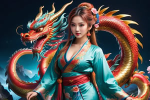 ((masterpiece , best quality)), 1 sexy girl with long hair wearing a traditional Asian dress, huge breasts and detail eyes looking at viewers, reddish dragon in the background, more detail XL, SFW,  nighttime, moonlight, 3 Chinese Dragon, full body shot, dynamic walking poses, low cut , cleavage cutout , multicolored hair, colored tips, side ponytail,