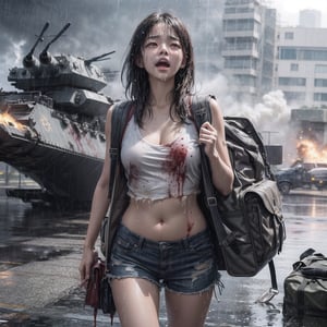 create a hyper realistic image of a 18 year old Korean girl wear a Tattered white singlet and Tattered black short pants sak in battlefield carrying Tattered backpack,Tattered boot shoes, looking at viewer, holding a bag, battle vehicle background,exploding scene, rainy weather, top angle, front view , wet shirt effect, rain effect , very plump , crying , sad , blood , upper body , aircraft carrier